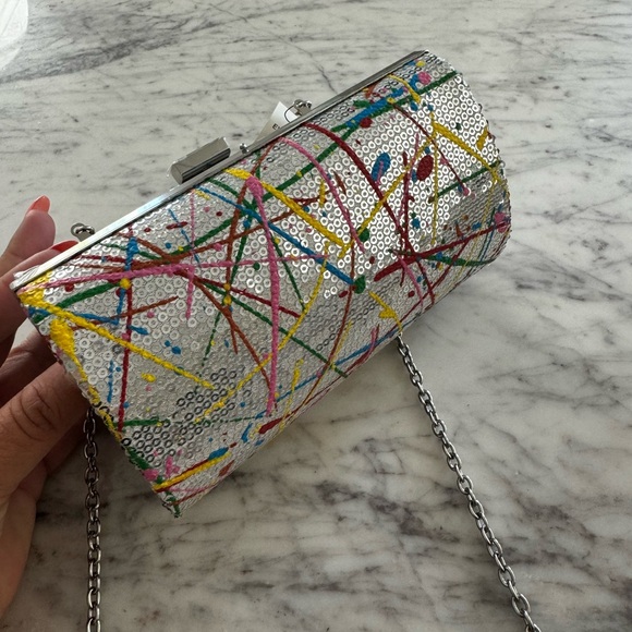 New INC Sequin Sparkling Rainbow Clasp Box Crossbody Clutch 7" W 5" H 2.5" D - Picture 3 of 6